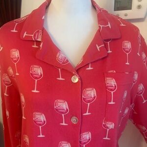SPORTO Wine Print Long PAJAMA SET! Pink! Knit! Long Sleeves & Pants! Button. Lg